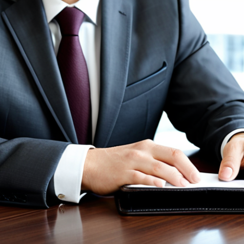 Home 8 A professional businessman in a tailored charcoal suit, wearing a crisp white shirt, sitting at a polished dark wood conference table. He is subtly taking a business card from a sleek, dark brown leather bifold wallet. The wallet is well-maintained with refined stitching. The background shows a modern, bright office with large windows. The man exhibits perfect anatomy, correct proportions, and a natural pose, with well-formed hands and proper finger count. The image is safe for work, appropriate content, fully clothed, and professional. Modest clothing and appropriate attire are observed.