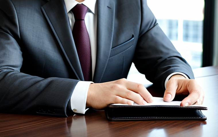 A professional businessman in a tailored charcoal suit, wearing a crisp white shirt, sitting at a polished dark wood conference table. He is subtly taking a business card from a sleek, dark brown leather bifold wallet. The wallet is well-maintained with refined stitching. The background shows a modern, bright office with large windows. The man exhibits perfect anatomy, correct proportions, and a natural pose, with well-formed hands and proper finger count. The image is safe for work, appropriate content, fully clothed, and professional. Modest clothing and appropriate attire are observed.